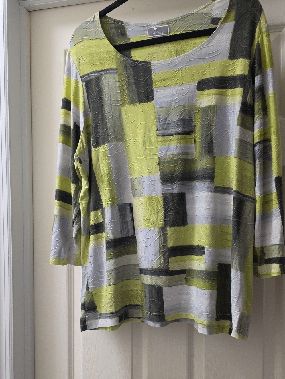JM Collection Lime Green & Gray Abstract Block Print Long Sleeve Top